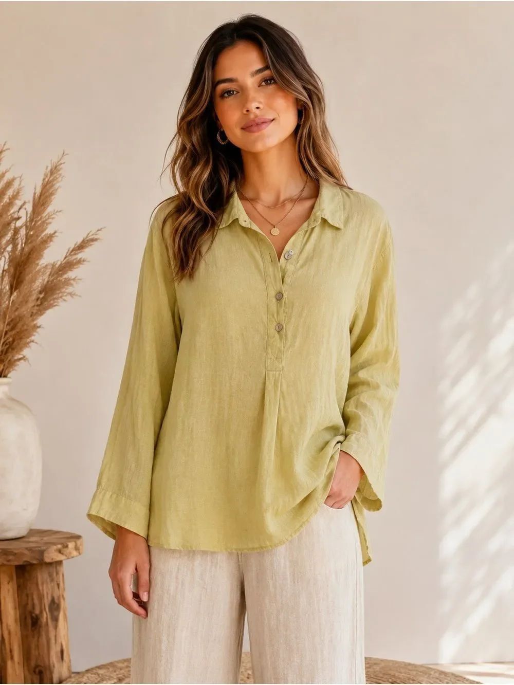 Cynthia Rowley Yellow Green Linen Button-Front Tunic